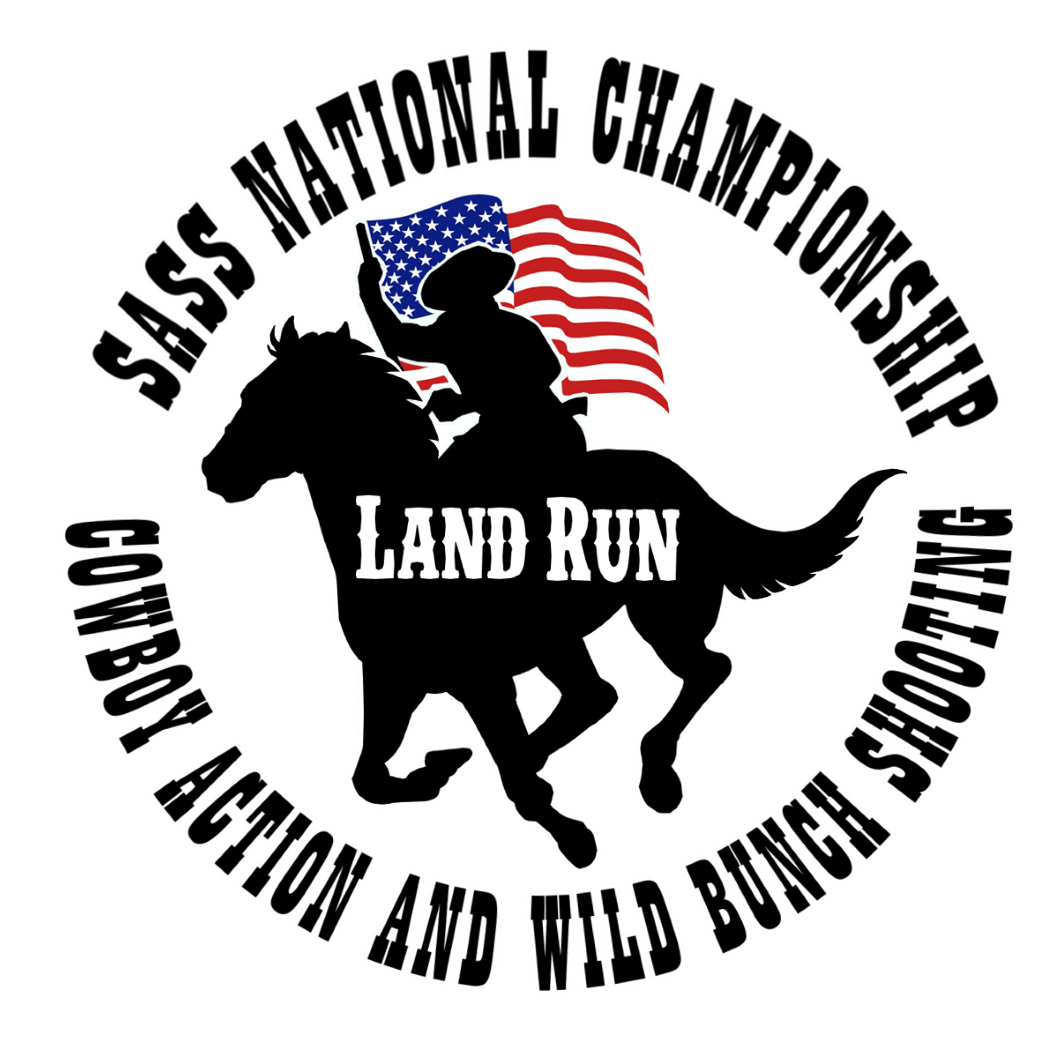 Round Medium Land Run Logo with Horse Running and Flag Waving